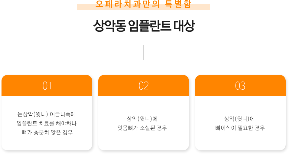 상악동 임플란트 대상
 눈상악(윗니) 어금니쪽에 임플란트 치료를 해야하나 뼈가 충분치 않은 경우
 상악(윗니)에 잇몸뼈가 소실된 경우
 상악(윗니)에 뼈이식이 필요한 경우