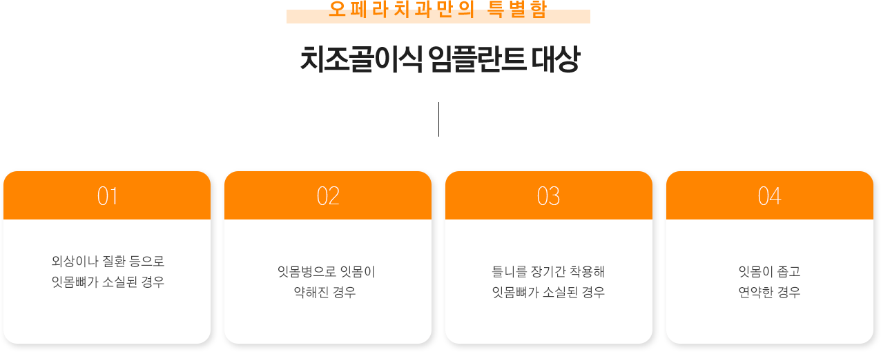 치조골이식 임플란트 대상
 외상이나 질환 등으로 잇몸뼈가 소실된 경우
 잇몸병으로 잇몸이 약해진 경우
틀니를 장기간 착용해 잇몸뼈가 소실된 경우
잇몸이 좁고 연약한 경우