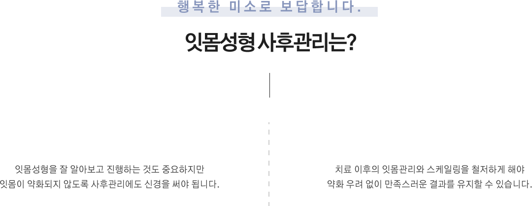 잇몸성형 사후관리는?
잇몸성형을 잘 알아보고 진행하는 것도 중요하지만 잇몸이 약화되지 않도록 사후관리에도 신경을 써야 됩니다.
치료 이후의 잇몸관리와 스케일링을 철저하게 해야 약화 우려 없이 만족스러운 결과를 유지할 수 있습니다.