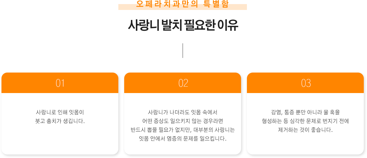 사랑니 발치 필요한 이유
사랑니로 인해 잇몸이 붓고 충치가 생깁니다.
사랑니가 나더라도 잇몸 속에서 어떤 증상도 일으키지 않는 경우라면 반드시 뽑을 필요가 없지만, 대부분의 사랑니는 잇몸 안에서 염증의 문제를 일으킵니다.
감염, 통증 뿐만 아니라 물 혹을 형성하는 등 심각한 문제로 번지기 전에 제거하는 것이 좋습니다.