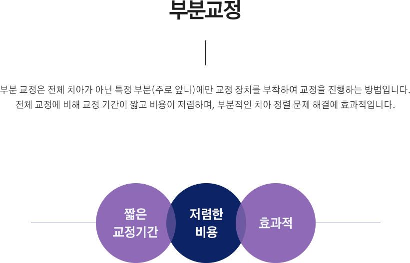 부분 교정은 전체 치아가 아닌 특정 부분(주로 앞니)에만 교정 장치를 부착하여 교정을 진행하는 방법입니다. 전체 교정에 비해 교정 기간이 짧고 비용이 저렴하며, 부분적인 치아 정렬 문제 해결에 효과적입니다. 