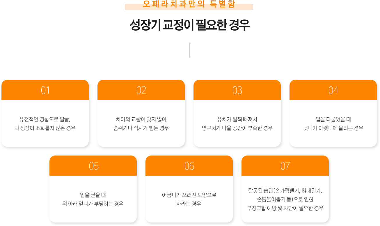 성장기 교정이 필요한 경우
✓  유전적인 영향으로 얼굴, 턱 성장이 조화롭지 않은 경우
✓  치아의 교합이 맞지 않아 숨쉬기나 식사가 힘든 경우
✓  유치가 일찍 빠져서 영구치가 나올 공간이 부족한 경우
✓  입을 다물었을 때 윗니가 아랫니에 물리는 경우
✓  입을 닫을 때 위 아래 앞니가 부딪히는 경우
✓  어금니가 쓰러진 모양으로 자라는 경우 
✓  잘못된 습관(손가락빨기, 혀내밀기, 손톱물어뜯기 등)으로 인한 부정교합 예방 및 차단이 필요한 경우
