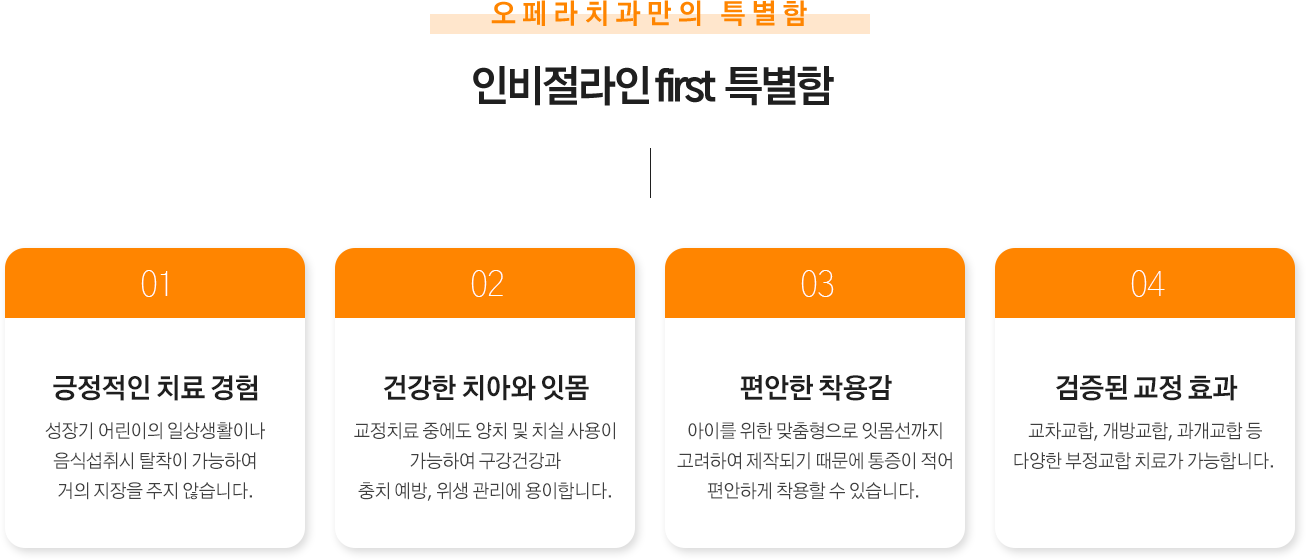 인비절라인 first  특별함 
긍정적인 치료 경험 : 성장기 어린이의 일상생활이나 음식섭취시 탈착이 가능하여 거의 지장을 주지 않습니다.
건강한 치아와 잇몸 : 교정치료 중에도 양치 및 치실 사용이 가능하여 구강건강과 충치 예방, 위생 관리에 용이합니다.
편안한 착용감 : 아이를 위한 맞춤형으로 잇몸선까지 고려하여 제작되기 때문에 통증이 적어 편안하게 착용할 수 있습니다. 
검증된 교정 효과 : 교차교합, 개방교합, 과개교합 등 다양한 부정교합 치료가 가능합니다. 