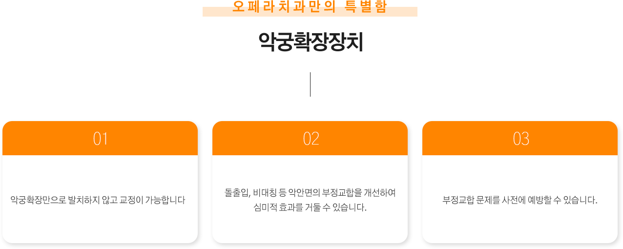 이때 사용하는 장치가 악궁확장장치입니다.
✓  악궁확장만으로 발치하지 않고 교정이 가능합니다
✓  돌출입, 비대칭 등 악안면의 부정교합을 개선하여 심미적 효과를 거둘 수 있습니다.
✓  부정교합 문제를 사전에 예방할 수 있습니다.